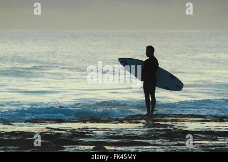 Un homme dans la fin des années 20 ou début des années 30 tient sa planche et inspecte le surf à Sandon Point, Bulli, NSW, Australie. Banque D'Images