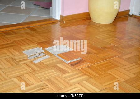 Parquet en bois endommagés dans l'appartement avec des pièces déposées et visible en pâte adhésive Banque D'Images