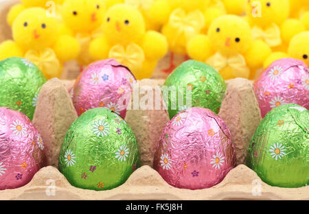 Oeufs colorés dans une boîte à œufs et petits poulets dans l'arrière-plan Banque D'Images