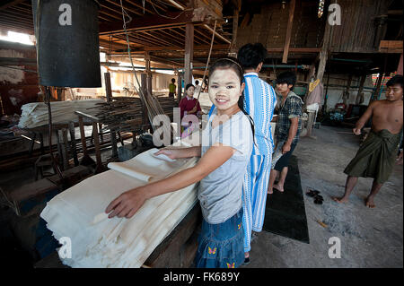 Femme souriante avec thanaka coller sur son visage, le pliage des feuilles de riz cuit, enfoncé dans l'usine de nouilles de riz, Hsipaw, l'état Shan Banque D'Images