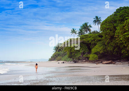 Une jeune femme marchant le long de la plage de Manzanillo à Santa Teresa, Péninsule de Nicoya, Puntarenas, Costa Rica, Amérique Centrale Banque D'Images