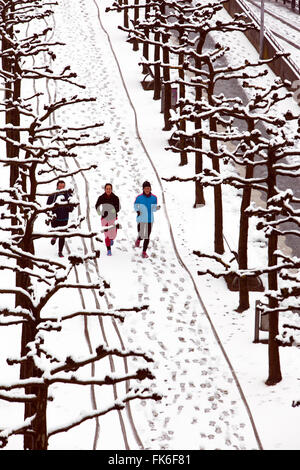 Rheinuferpromenade à Düsseldorf en hiver avec la neige. La Rhénanie du Nord-Westphalie, Allemagne Banque D'Images