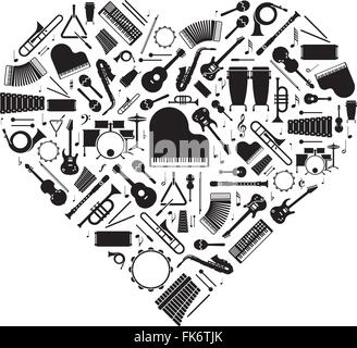 Variété des instruments de musique disposés en forme de coeur Illustration de Vecteur