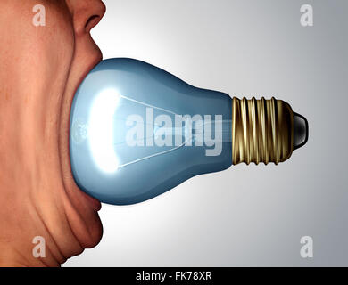 Régime alimentaire créative concept comme une immense bouche mangeant une ampoule ampoule ou objet comme une icône de communication d'entreprise et la créativité marketing symbole. Banque D'Images