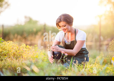 Jeune jardinier dans jardin avec plantes diverses, nature ensoleillée Banque D'Images