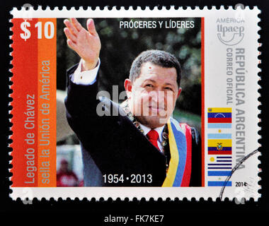 Argentine - circa 2014 : timbre imprimé en Argentine montre Hugo Rafael Chavez (1954-2013), Président du Venezuela, vers 2014 Banque D'Images