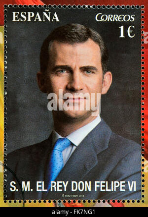 Espagne - circa 2014 : timbre imprimé en Espagne montre le roi d'espagne, Felipe VI, vers 2014 Banque D'Images