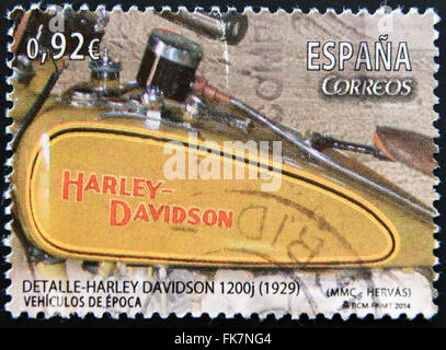 Espagne - circa 2014 : timbre imprimé en Espagne montre le détail d'une Harley Davidson, vers 2014 Banque D'Images