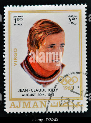 AJMAN - circa 1970 : timbre imprimé en Ajman montre Jean-Claude Killy, vers 1970 Banque D'Images