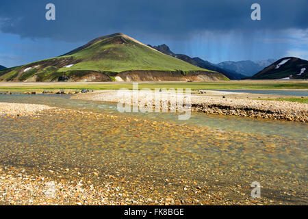 Paysage volcanique, Landmannalaugar, Joekugilskvisl rivière glaciaire, Fjallabak National Park, Iceland Banque D'Images