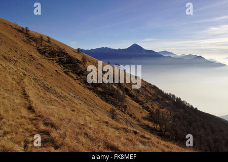 Sur le Monte Berlinghera, vue de Monte Legnone, inversion, décembre sans neige, près de Gera Lario sur le Lac de Como, Italie Banque D'Images