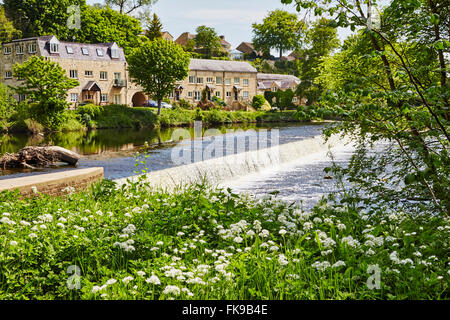 Vue sur le barrage sur la rivière Wharfe à Boston Spa, West Yorkshire, Angleterre, Royaume-Uni. Banque D'Images