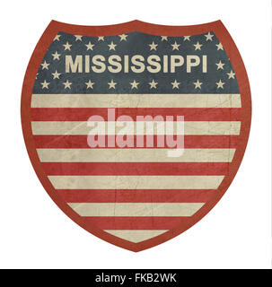 Grunge américain du Mississippi Interstate highway sign isolé sur un fond blanc. Banque D'Images