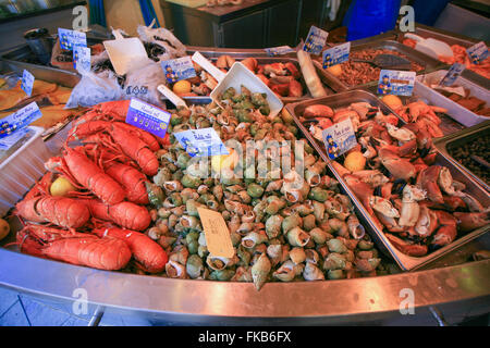 Le français sur les poissons et fruits de mer crustacés homard market stall Banque D'Images