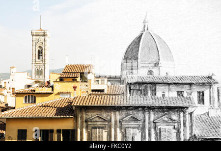 Du croquis à la ville de Florence - Cathédrale Santa Maria del Fiore et le campanile de Giotto, de l'Italie. Patrimoine culturel. Illustratio Banque D'Images