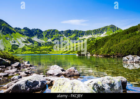 Inspiring Tatras vue paysage, journée ensoleillée en été Tatras. En regardant l'étang clair dans la vallée verte à partir de la crête de montagne Banque D'Images