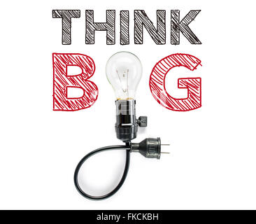 Pensez grand phrase et ampoule, la main, l'inspiration imagination idée Banque D'Images