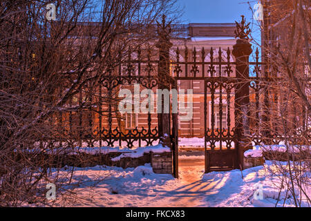 Porte en fer forgé et des buissons dans la nuit scène d'hiver, hdr Banque D'Images