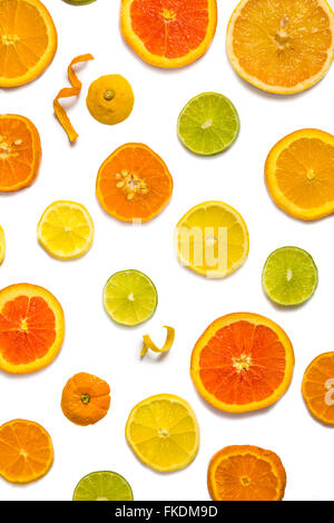 Design coloré lumineux de différentes tranches d'agrumes avec des oranges, citrons, limes, de pamplemousse et de mandarine. Banque D'Images