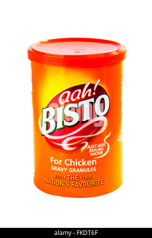 Granules de poulet sauce Bisto paquet de carton logo boîte découpe découpe blanc de l'espace de copie de fond isolé, sauce Bisto, sauce au poulet Banque D'Images