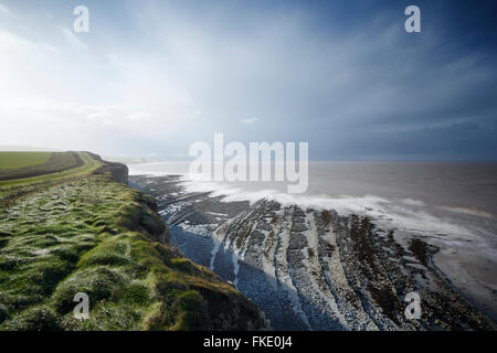 Côte à Lilstock. Le Somerset. UK. Les corniches de calcaire Lias bleu typique de la 'Blue Anchor pour Lilstock Coast SSSI' Banque D'Images