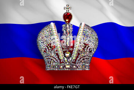 Grande couronne impériale au drapeau russe. Scène 3D. Banque D'Images