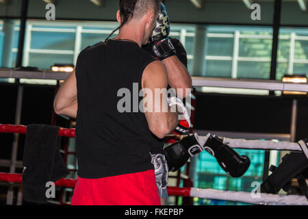 Boxer Homme à l'entraînement dans l'anneau avec sparring-partner Banque D'Images