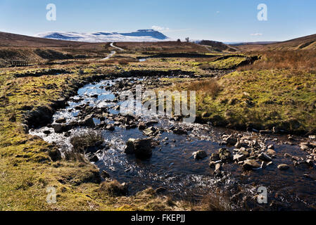 Un snow-capped Ingleborough sur l'horizon, vu de Blea Moor. Peu de Dale Beck dans l'avant-plan. Ingleton, Yorkshire du Nord. Banque D'Images