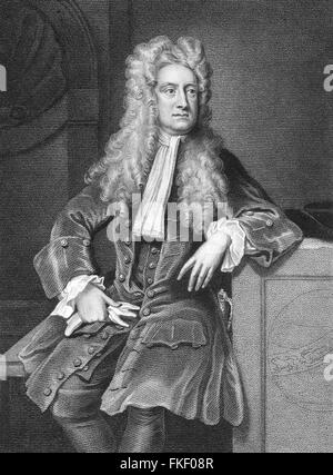 Sir Isaac Newton, le 17ème/18thC physicien et mathématicien anglais. Portrait par William Derby et gravure par William Fry, 1829 Banque D'Images