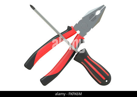Traversée d'une pince et un tournevis isolé sur fond blanc Banque D'Images