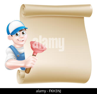 Un dessin animé handyman ou plombier tenant une toilette ou l'évier outil plongeur peeking autour d'une molette Banque D'Images