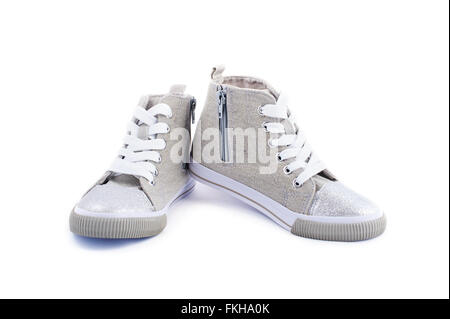 Jeans Beige baskets avec lacets blanc isolated on white Banque D'Images