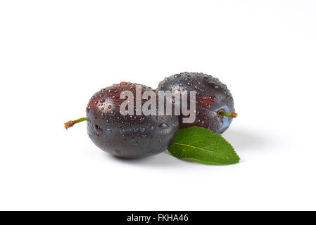 Deux prunes lavées avec des feuilles sur fond blanc Banque D'Images