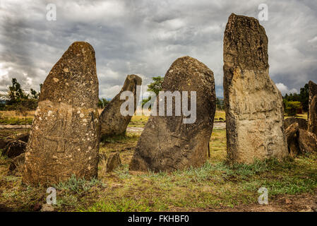 Tiya mégalithique des piliers de pierre, Site du patrimoine mondial de l'UNESCO à Addisabéba, près de l'Éthiopie. Banque D'Images