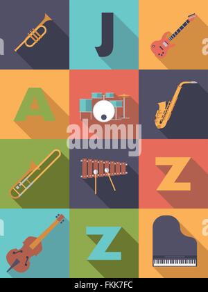 L'affiche de la musique jazz avec des symboles des instruments de musique Design plat Illustration de Vecteur