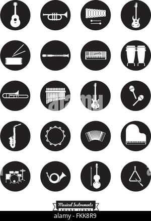 Collection de 20 instruments de musique, des symboles négatifs en cercles noirs Illustration de Vecteur