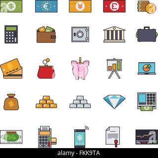 Collecte d'argent, de la finance et de la banque d'icônes de lignes connexes avec couleur de remplissage Illustration de Vecteur