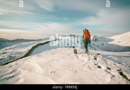 Randonnée randonneur leur chien sur les montagnes couvertes de neige au Royaume-Uni. La couleur du grain et styling appliqué Banque D'Images