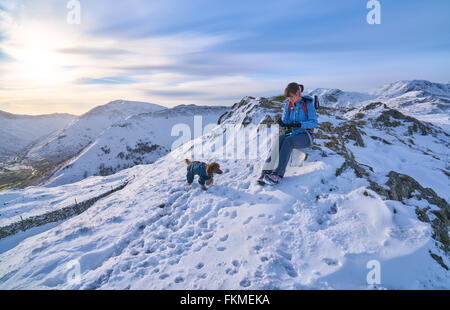 Le temps de repos pour un randonneur et leur chien en Hartsop au-dessus de la façon qui mène à la falaise Hart Lake District. Banque D'Images