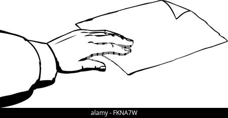 Croquis de contour en tenant la main simple bout de papier avec coin plié sur fond blanc Banque D'Images