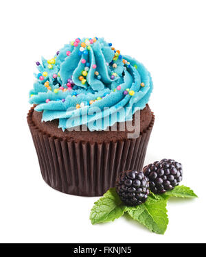 Cupcake chocolat avec des mûres fraîches isolated on white Banque D'Images