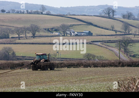 Mettre la pulvérisation du tracteur,le fumier,muck répandre sur terrain près de National Botanic Garden, Carmarthenshire, Pays de Galles, Royaume-Uni,engrais,diffusion,UK, Banque D'Images