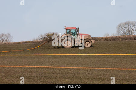 Mettre la pulvérisation du tracteur,le fumier,muck répandre sur terrain près de National Botanic Garden, Carmarthenshire, Pays de Galles, Royaume-Uni, engrais, engrais,,diffusion,UK, Banque D'Images