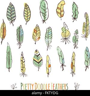 Jeu de vector hand-drawn plumes colorées stylisée. Doodle Illustration de Vecteur