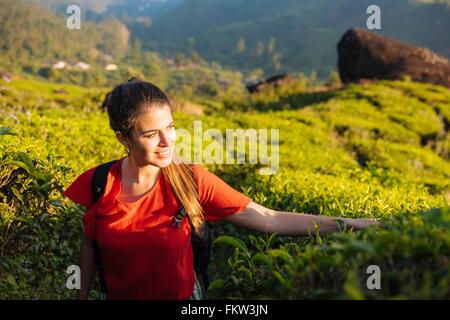 Jeune femme de toucher les plantes de thé dans les plantations de thé près de Munnar, Kerala, Inde Banque D'Images