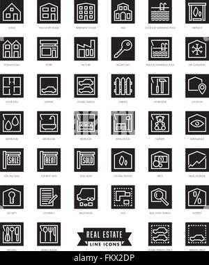 Collection de 40 icônes de ligne sur le thème de l'immobilier, négatif dans les cases noires Illustration de Vecteur