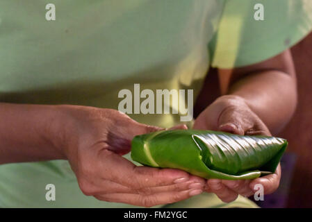 Woman wrapping de riz collant dans la feuille de banane Banque D'Images