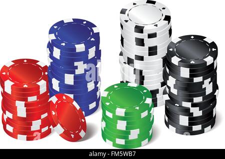 Cinq piles de rouge, vert, bleu, blanc et noir des jetons de poker cartes à jouer avec des symboles Illustration de Vecteur
