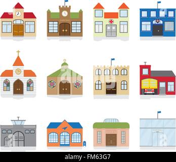 Variété d'édifices publics et d'institutions d'icônes. Illustration de Vecteur