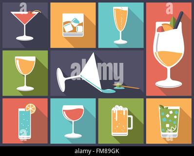 Design plat horizontal illustration avec diverses boissons alcoolisées et cocktails Illustration de Vecteur